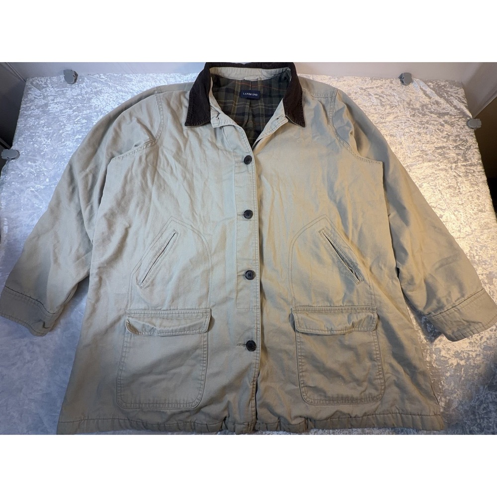 Lands End Vintage Womens 2X Barn Coat Tan Canvas Plaid Lined Corduroy Collar